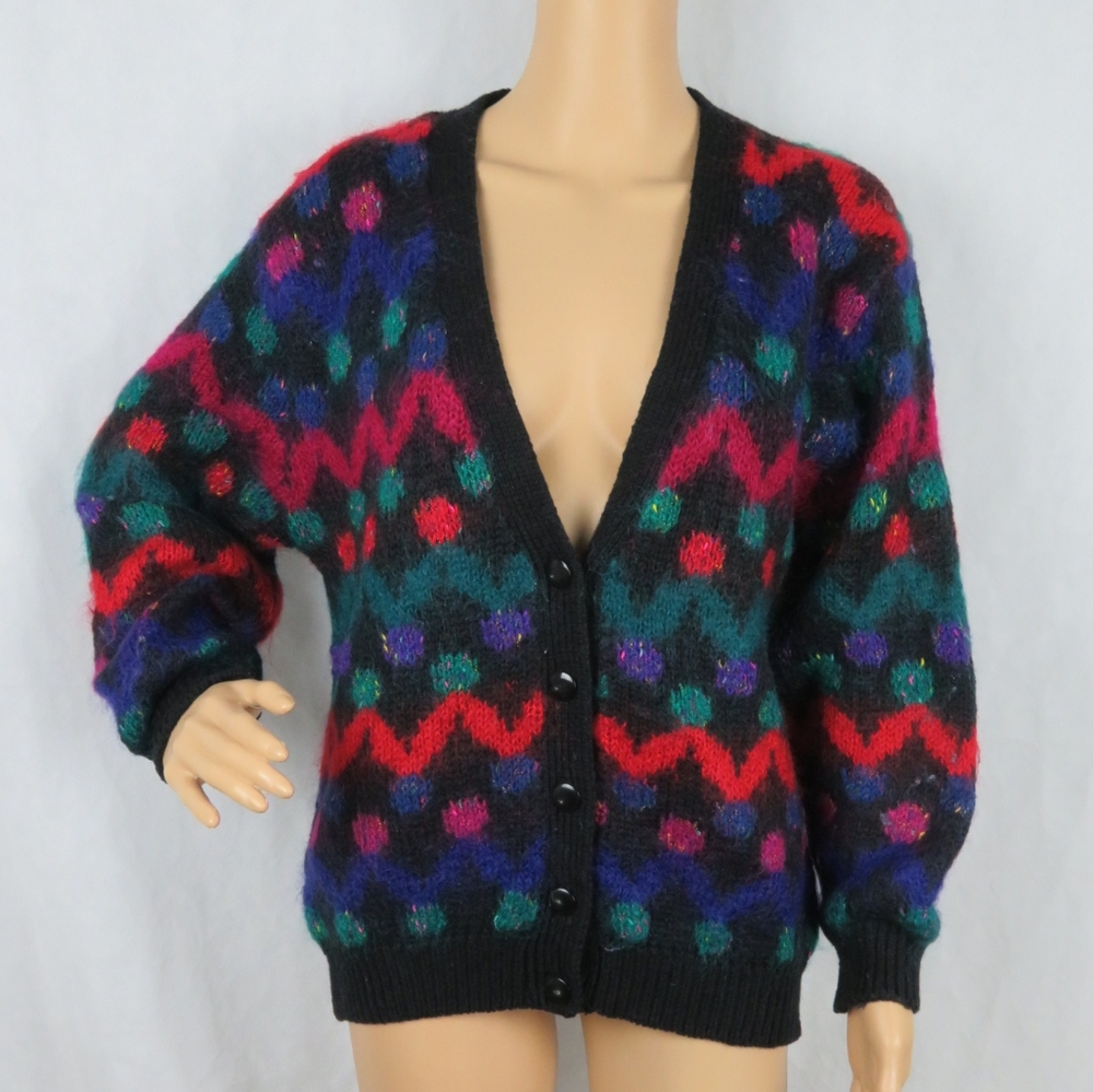 Vintage Cardigan Fluffy Rainbow Wool Medium Colorful 80s 90s Sweater Cute Stripe